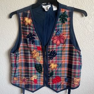 Casey‎ & Max Vintage Plaid Embroidered Leaf Vest Womens Medium Zip Front Fall